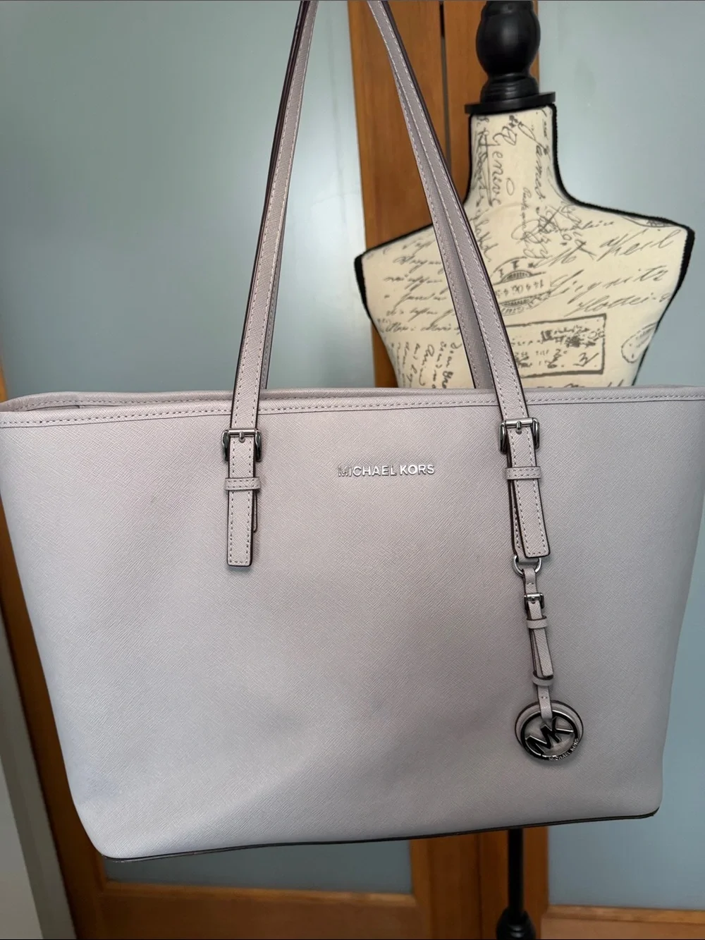 Michael Kors Light Gray Saffiano Tote with MK Charm